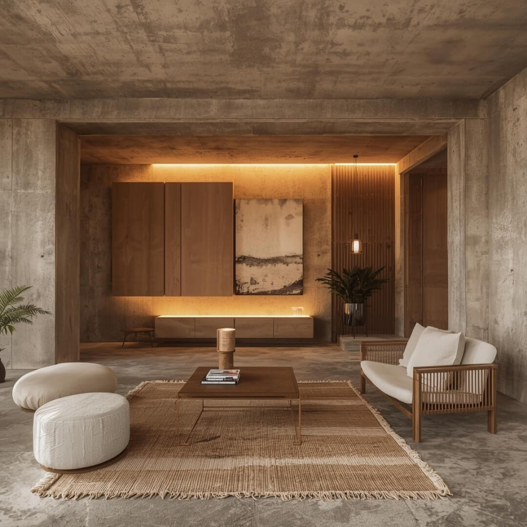 diseno-japandi-brutalismo-revestimiento-mineral-mate2 Espacio interior con tendencia Brutalista aplicando revestimiento mineral MicroQuarz de acabado mate natural