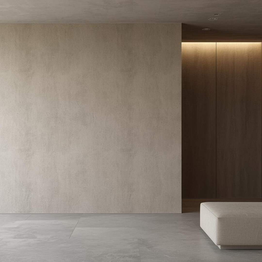 diseno-japandi-brutalismo-revestimiento-mineral-mate3 Espacio interior con tendencia minimalista aplicando revestimiento mineral MicroQuarz de acabado mate natural