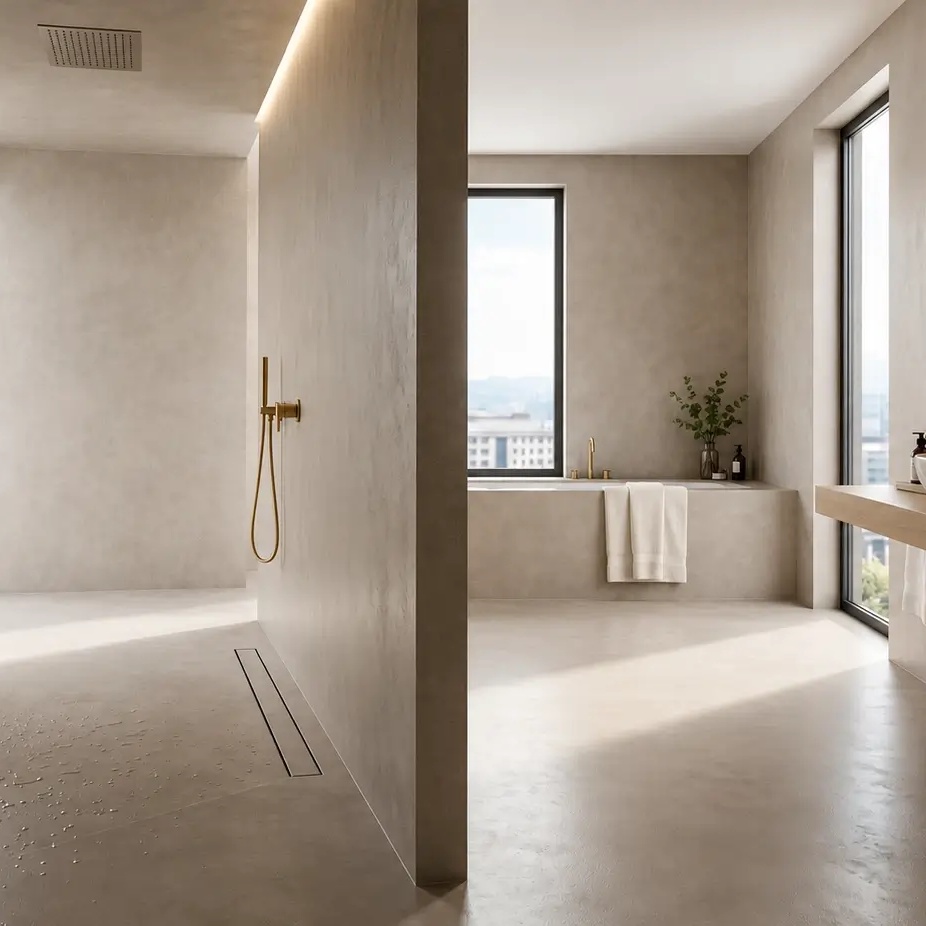 Revestimiento continuo para baños contract en hotel boutique con acabado mineral sin juntas