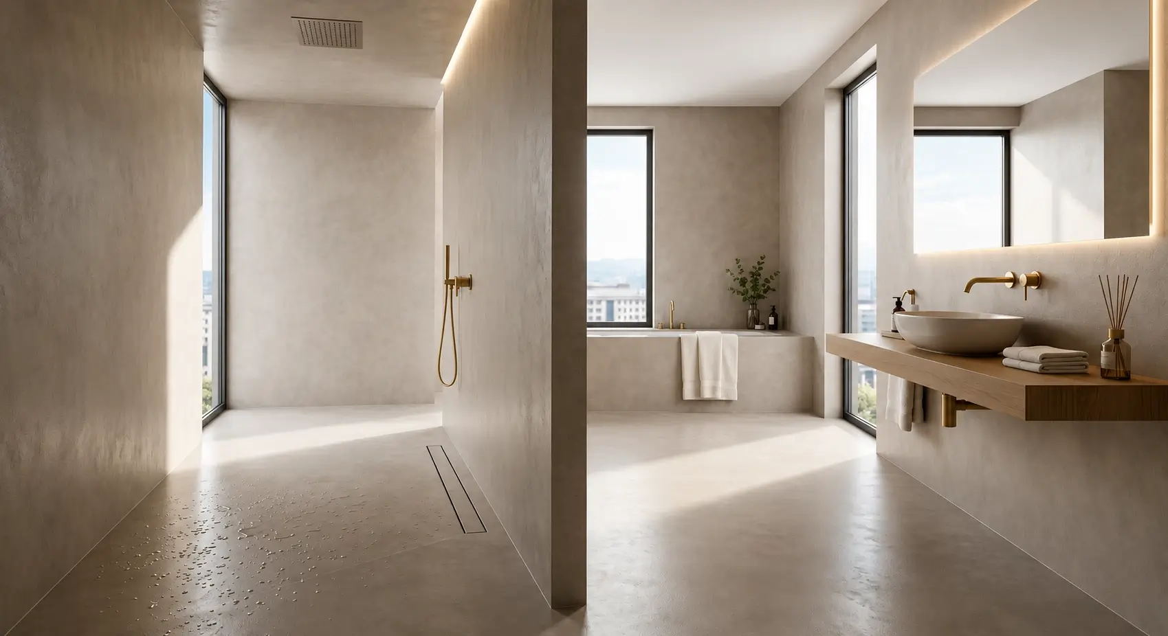 Revestimiento continuo para baños contract en hotel boutique con acabado mineral sin juntas