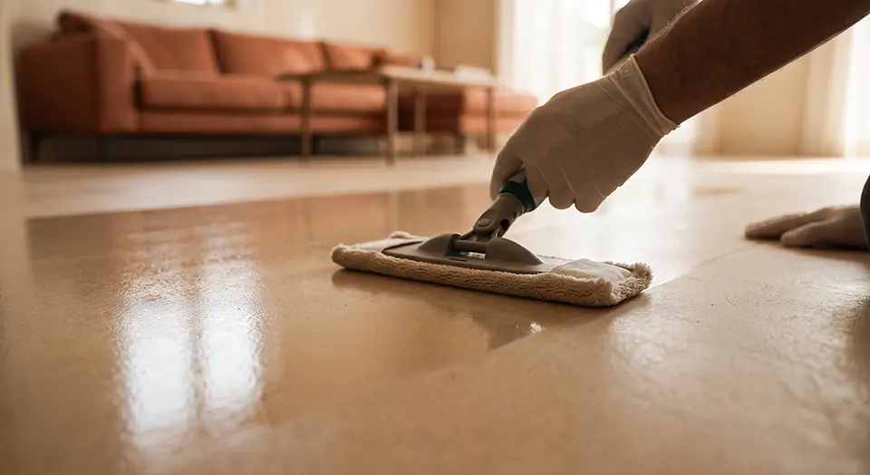 Persona limpiando con una mopa un suelo continuo MicroQuarz en un salón