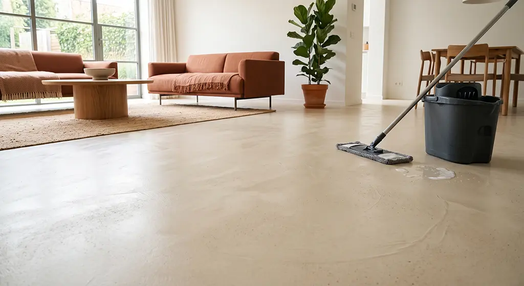 Limpieza con mopa de un suelo continuo MicroQuarz en un salón moderno