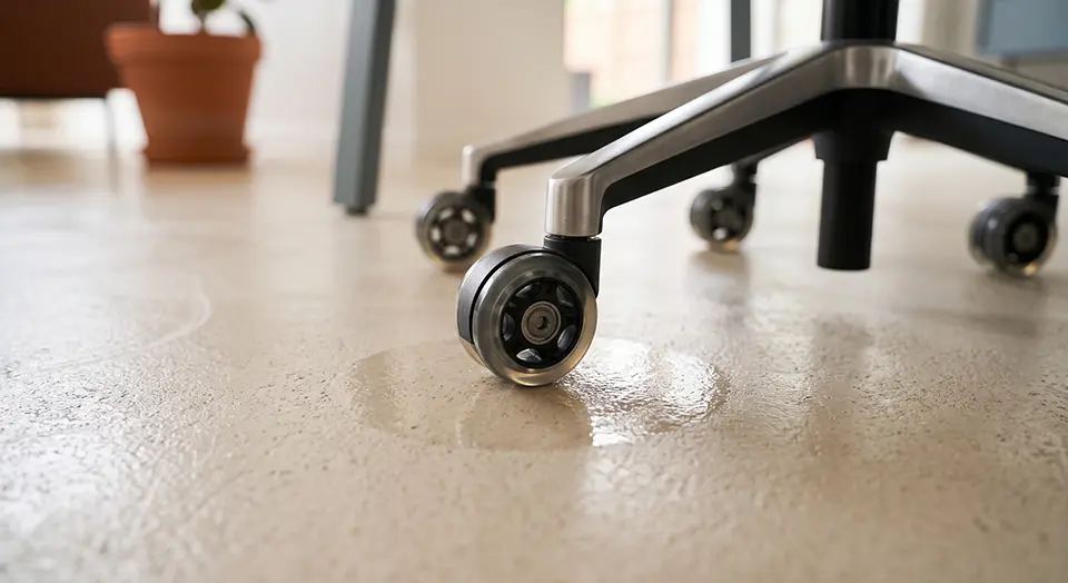 Rueda de una silla de oficina sobre un suelo continuo MicroQuarz